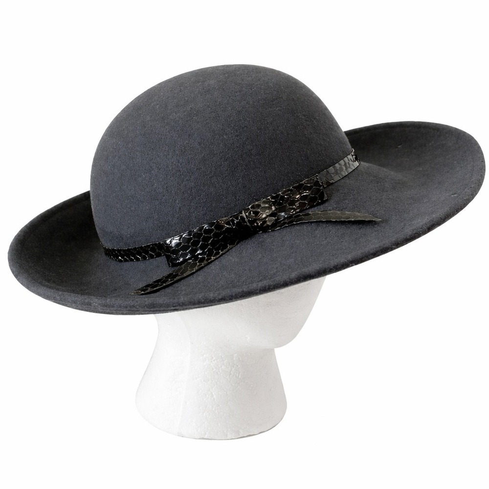 Liz Claiborne Womens Derby Hat One Size Gray Wool Black Leather Croc Bow Trim